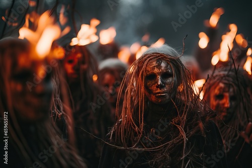 An unsettling festivity. Samhain. Firelight dances around, revealing torches, creepy mannequins, and eerie masks.
