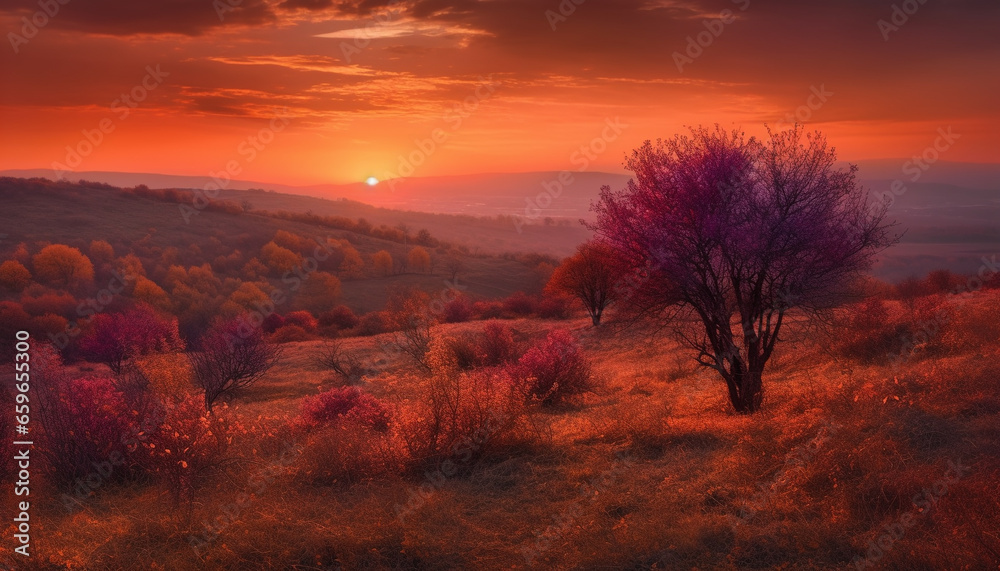 Vibrant autumn colors paint tranquil rural landscape generated by AI