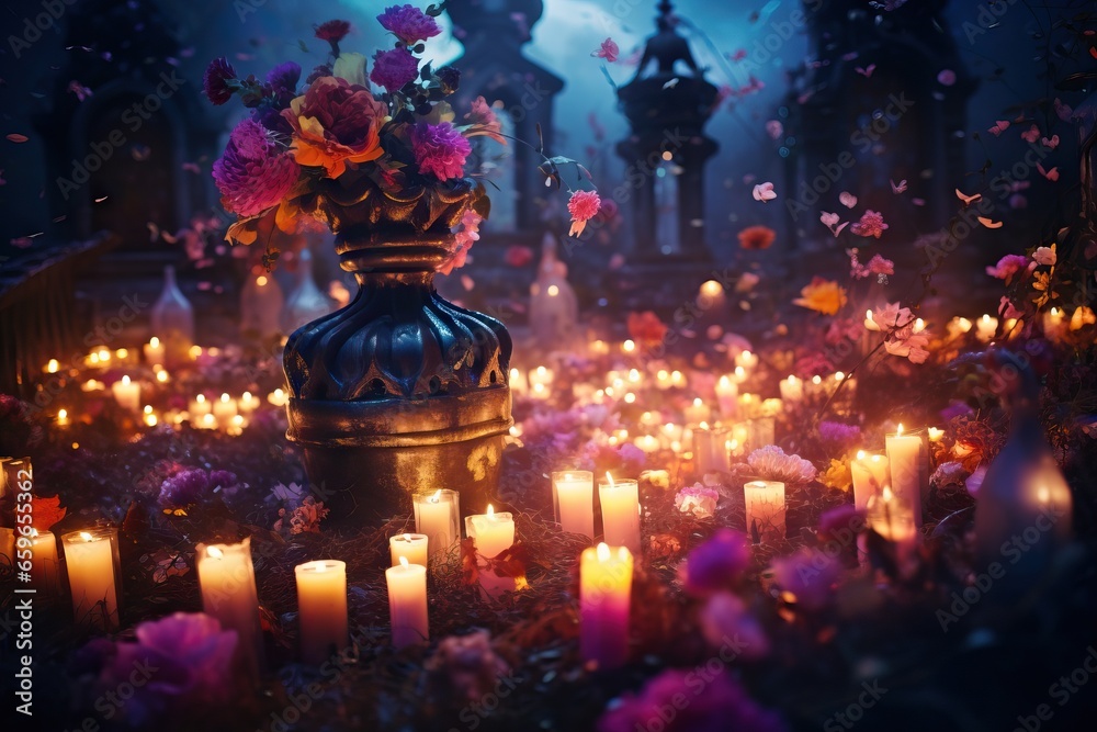 A mystical urn adorned with blooming flowers surrounded by countless glowing candles amidst a whimsical backdrop.