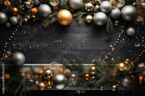 Lustrous Christmas ornaments amid pine leaves on a dark wooden surface.