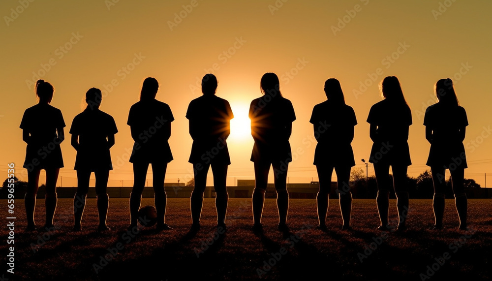 A silhouette of a large group of people standing outdoors, backlit by the sunset generated by AI