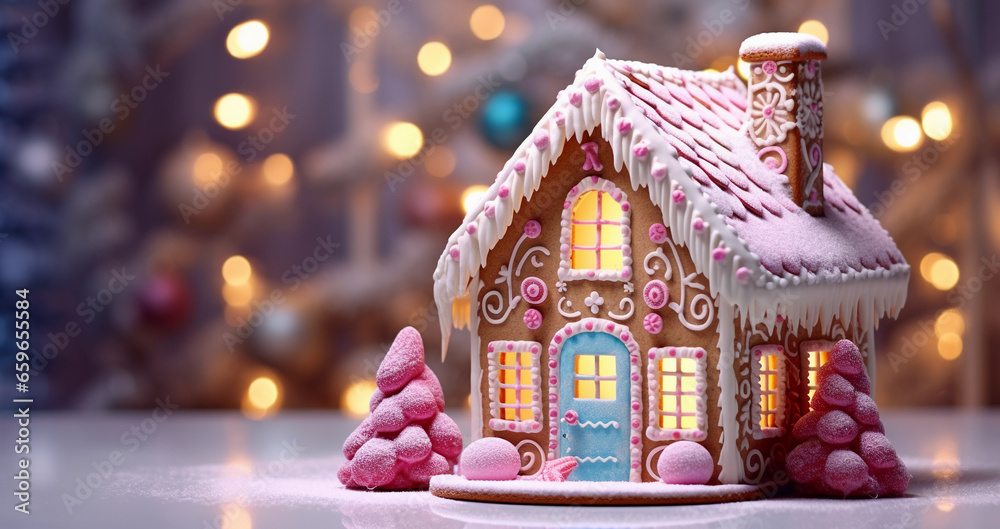 Close up of gingerbread house with pastel pink decor and candles on white table over lights blurred backdrop. Festive and cozy Christmas background.
