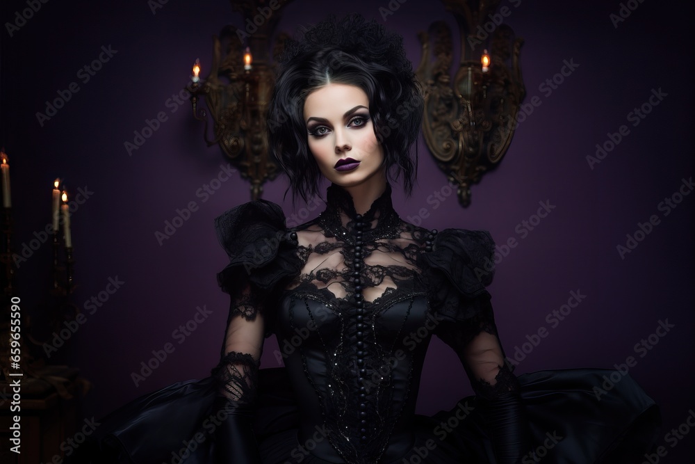 Beautiful young woman in a gothic image. Mysterious and mystical atmosphere