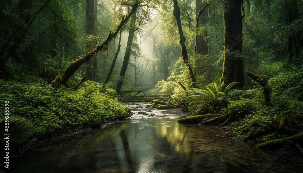 Obraz premium Tranquil scene of a mysterious tropical rainforest with flowing water generated by AI