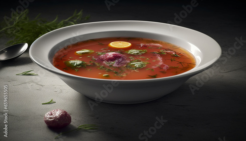 Fresh vegetarian borscht, a healthy summer meal in rustic bowl generated by AI
