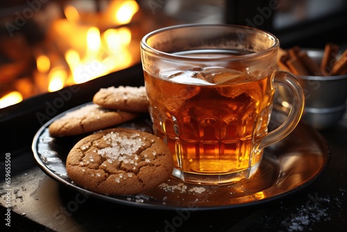 A comforting scene of iced tea with cookies, set by a roaring fireplace and cinnamon sticks