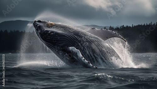 Majestic humpback whale breaches, splashing in blue sea waves generated by AI © Stockgiu