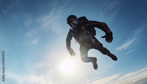 Silhouette of young adult flying mid air in extreme sports adventure generated by AI © Stockgiu