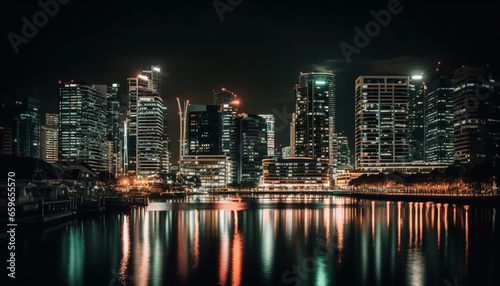 Modern city skyline reflects on waterfront at dusk, illuminating skyscrapers generated by AI © Stockgiu