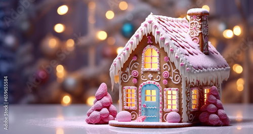 Close up of gingerbread house with pastel pink decor and candles on white table over lights blurred backdrop. Festive and cozy Christmas background.