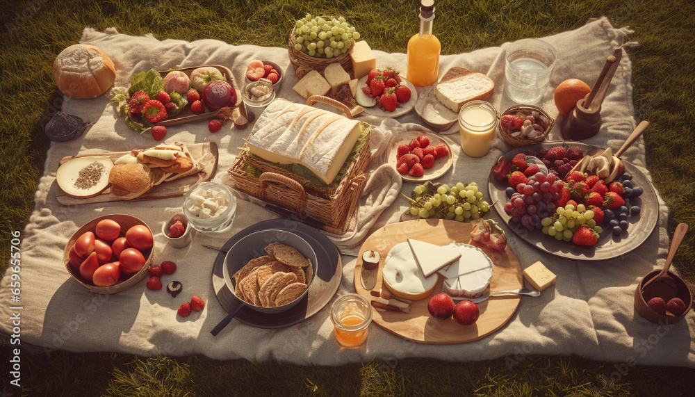 A rustic summer picnic with fresh organic food and gourmet wine generated by AI