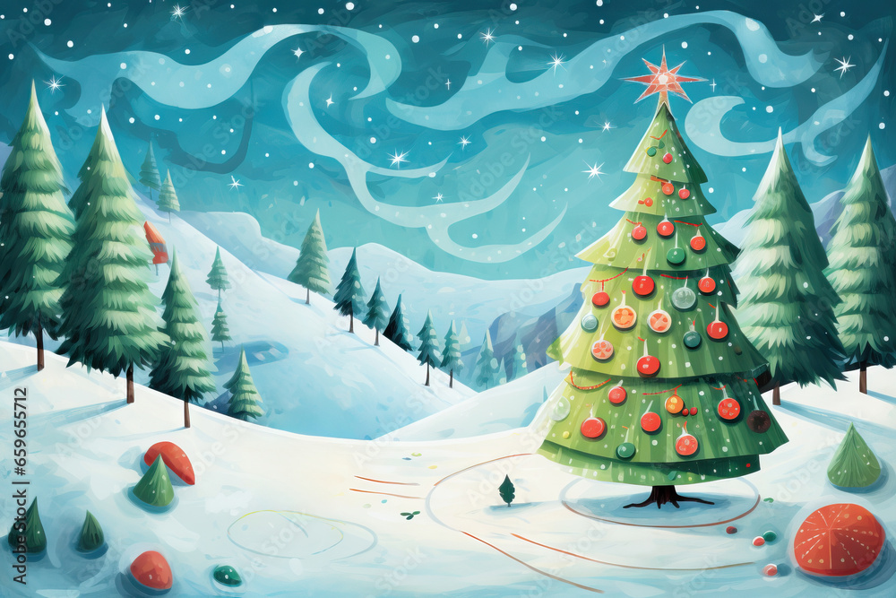 Snow-covered landscape featuring a decorated Christmas tree with whimsical skies above Snow-covered landscape featuring a decorated Christmas tree with whimsical skies above