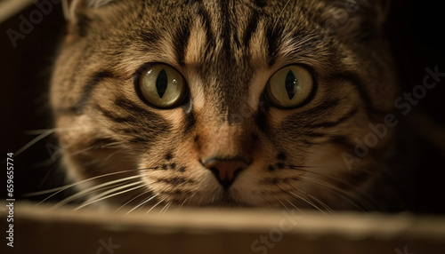Fluffy kitten staring with curiosity, cute feline portrait indoors generated by AI © djvstock