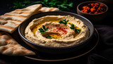 Healthy vegetarian dip hummus with chick peas and tahini generated by AI