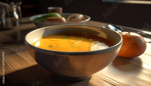 Healthy vegetarian soup served in a rustic wooden bowl indoors generated by AI