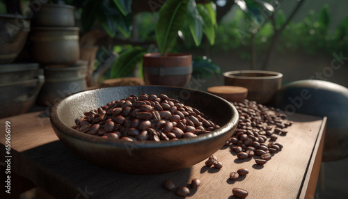 Organic coffee plant on rustic table  heap of fresh beans generated by AI