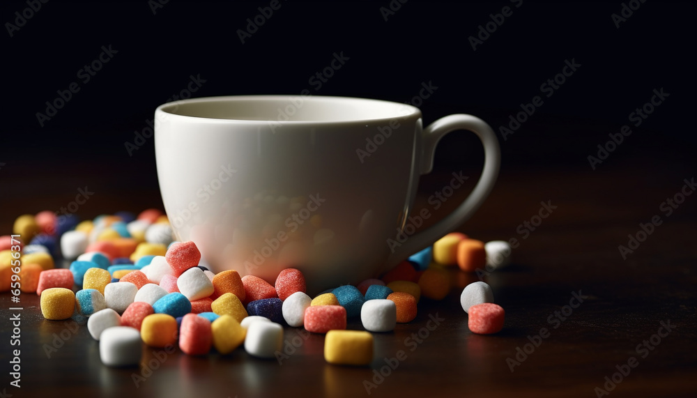 Stack of colorful pills spill from container, addiction and healthcare generated by AI Stack of colorful pills spill from container, addiction and healthcare generated by AI