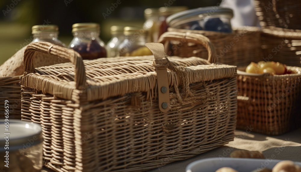 Organic fruit in wicker picnic basket, homemade bread and wine generated by AI