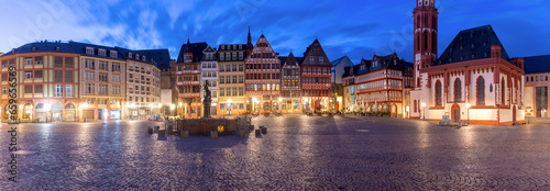 Old medieval houses on the market square in Frankfurt am Main at dawn.