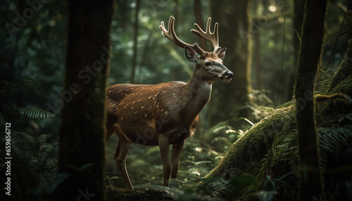 Horned stag standing in tranquil forest landscape generated by AI © Jeronimo Ramos