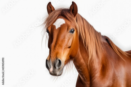 Portrait of a chestnut horse with long mane on white background