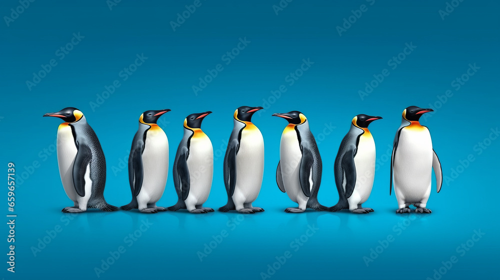 Fototapeta premium group of Penguin full body side view, isolated on green background,generative ai