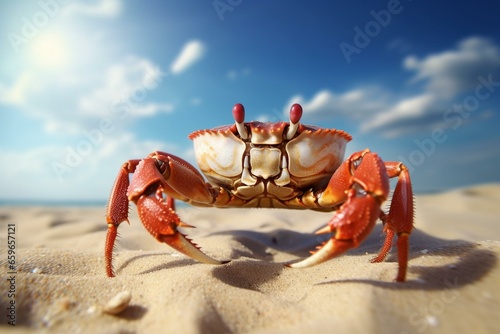 A crab on the sandy beach under the clear sky. Generative AI © Kiernan