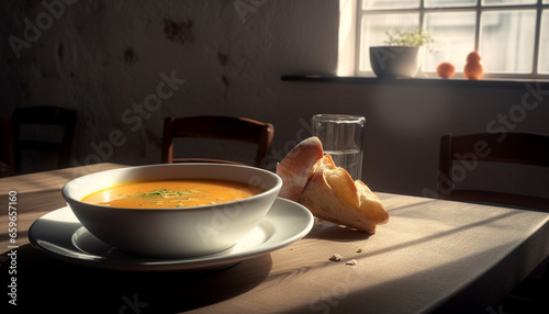 Healthy vegetarian soup served on rustic wooden table for lunch generated by AI