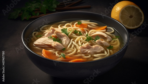 Healthy homemade noodle soup with pork, vegetables, and shiitake mushroom generated by AI