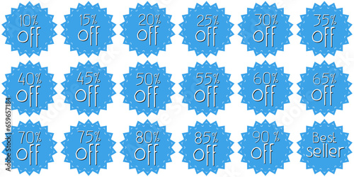 A set of spiked stickers and an inscription about a percentage discount. Blue stickers with discounts.