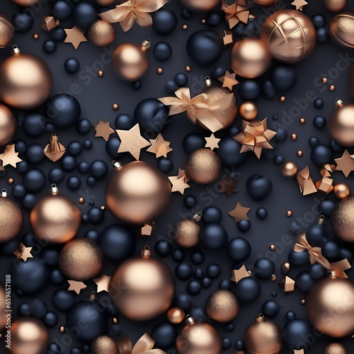 Christmas seamless pattern festive luxury xmas background with rose gold, navy blue, christmas balls, gifts and decoration. AI Generated