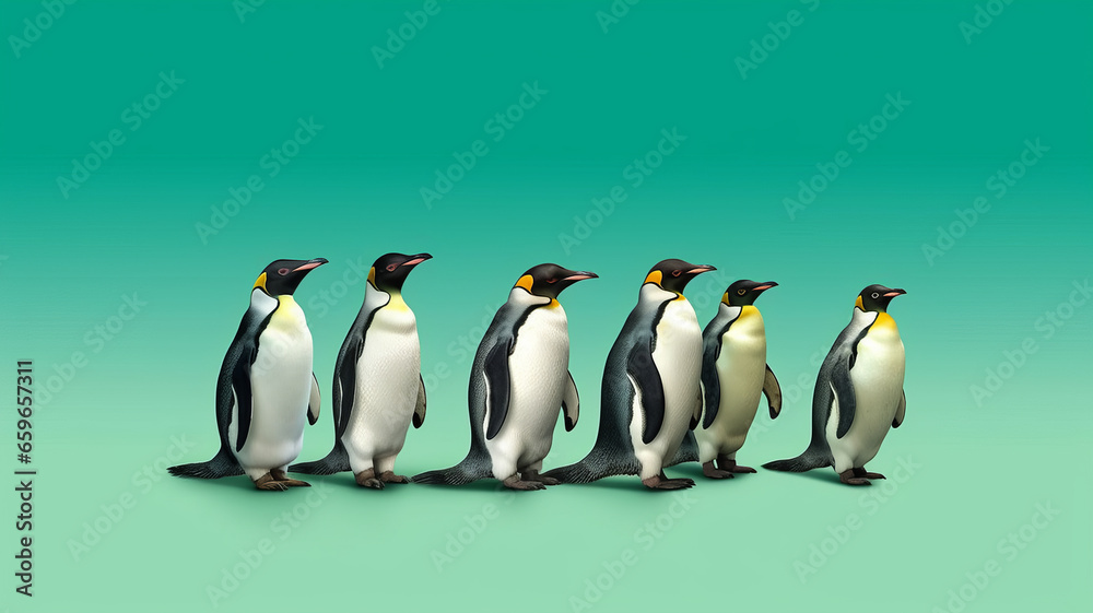 Obraz premium group of Penguin full body side view, isolated on green background,generative ai