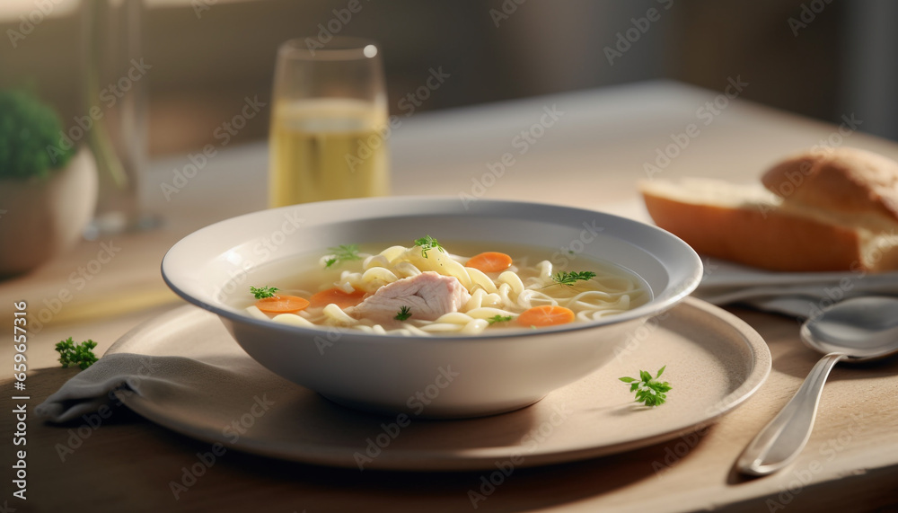 Healthy homemade vegetable soup with fresh parsley and rustic bread generated by AI