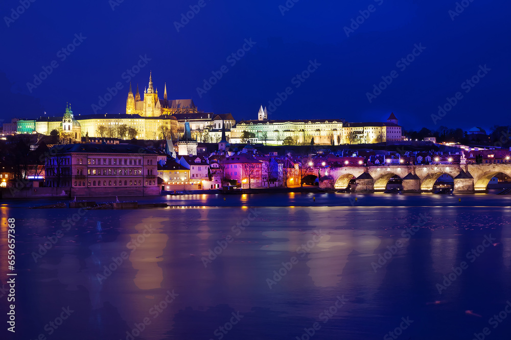 Awe panorama of winter Prague:Charles bridge and Prague castle