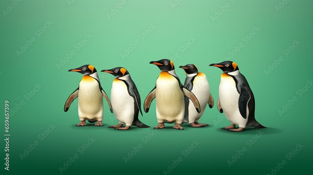 Obraz premium group of Penguin full body side view, isolated on green background,generative ai