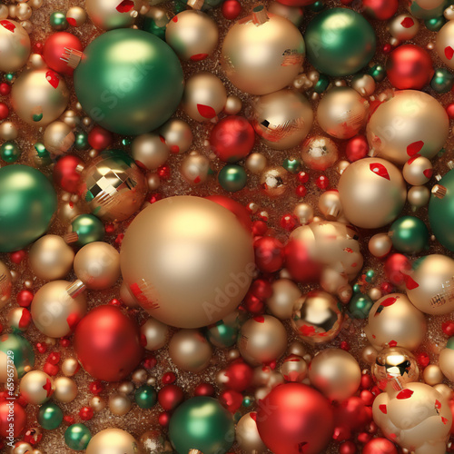 Christmas seamless pattern festive xmas background with gold, red, green christmas balls and decoration. AI Generated