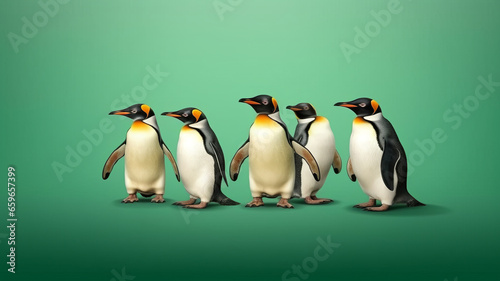 group of Penguin full body side view, isolated on green background,generative ai