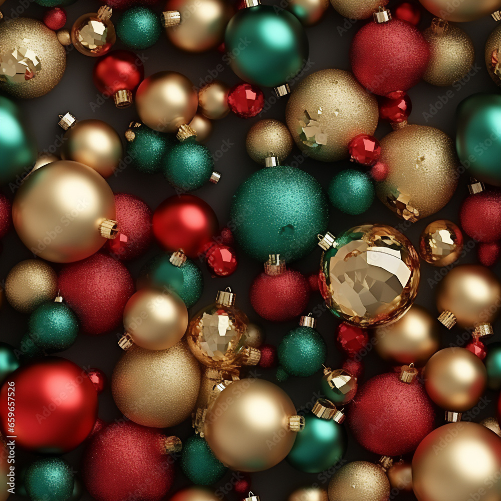 Christmas seamless pattern festive xmas background with gold, red, green christmas balls and decoration. AI Generated Christmas seamless pattern festive xmas background with gold, red, green christmas balls and decoration. AI Generated