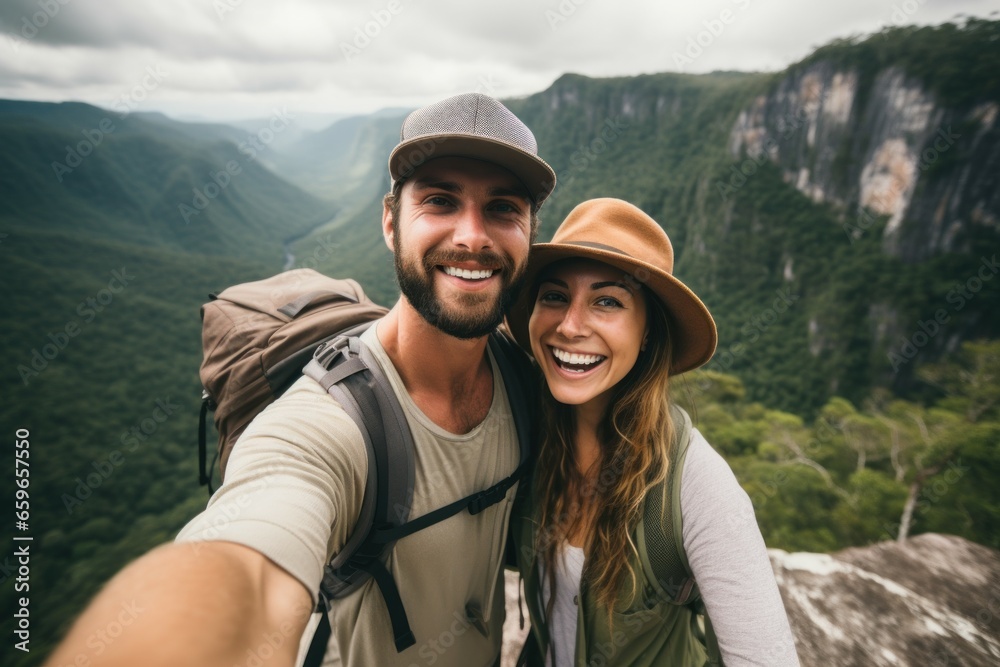 Spontaneous Couple traveler selfie. Summer adventure. Fictional person. Generate Ai