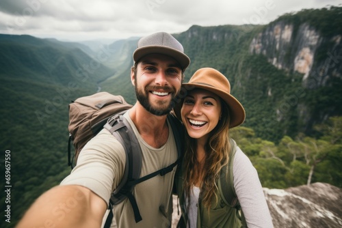 Spontaneous Couple traveler selfie. Summer adventure. Fictional person. Generate Ai © juliars