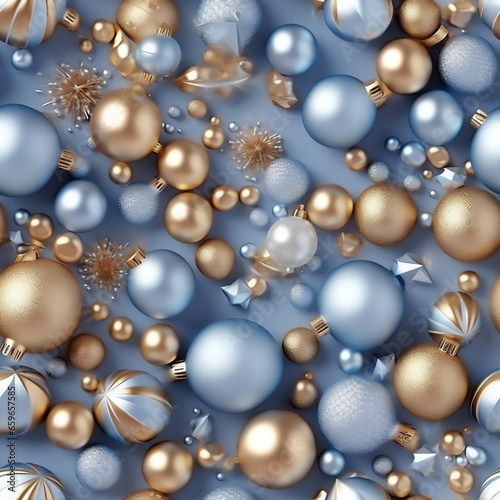 Christmas seamless pattern festive luxury xmas background with gold, blue, christmas balls, gifts and decoration. AI Generated © Olga Dogadina