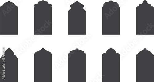 Islamic shape door, indian arch, arab frame, ramadan ornament, islam window, east black silhouette isolated on white background. Oriental vector illustration