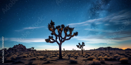 Captivating shot of a lone Joshua Tree surrounded by prickly pear cacti, framed against the Milky Way