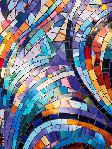 colorful mosaic tile mural, gleaming in the sunlight, set on the exterior wall of a subway station