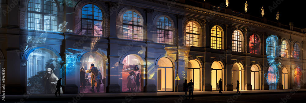 interactive digital art projection on the facade of a historical building, evening