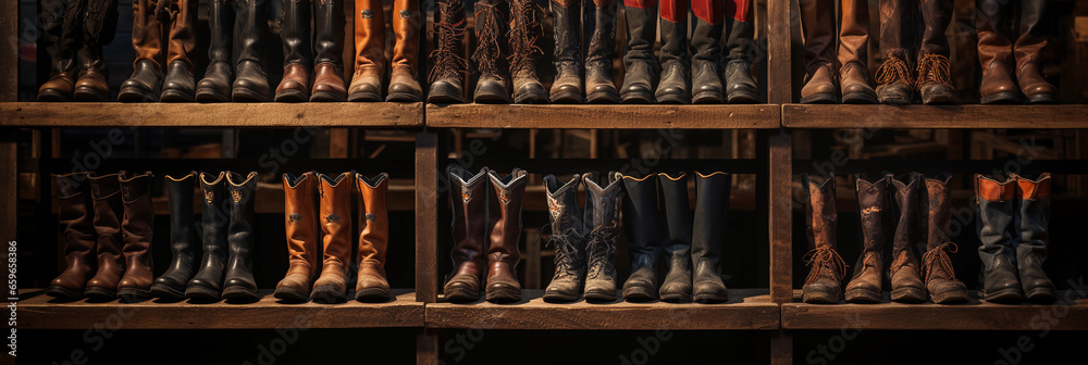 a collection of vintage leather boots, arranged neatly on a rustic wooden shelf, dark background, spotlight lighting to enhance details