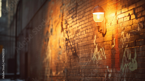 Graffiti - covered brick wall in an urban alley, illuminated by the soft glow of a vintage streetlamp