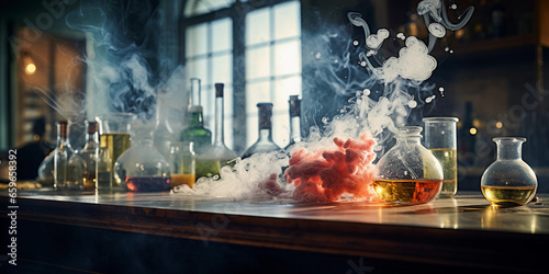 chemical reaction, effervescence in a test tube, bubbles and smoke, set on a marble countertop, high dynamic range, natural window light