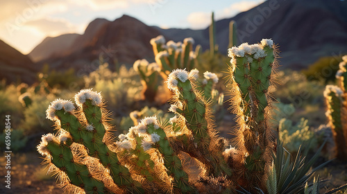 cholla cactus garden, highlighting the glowing effect of spines during golden hour photo