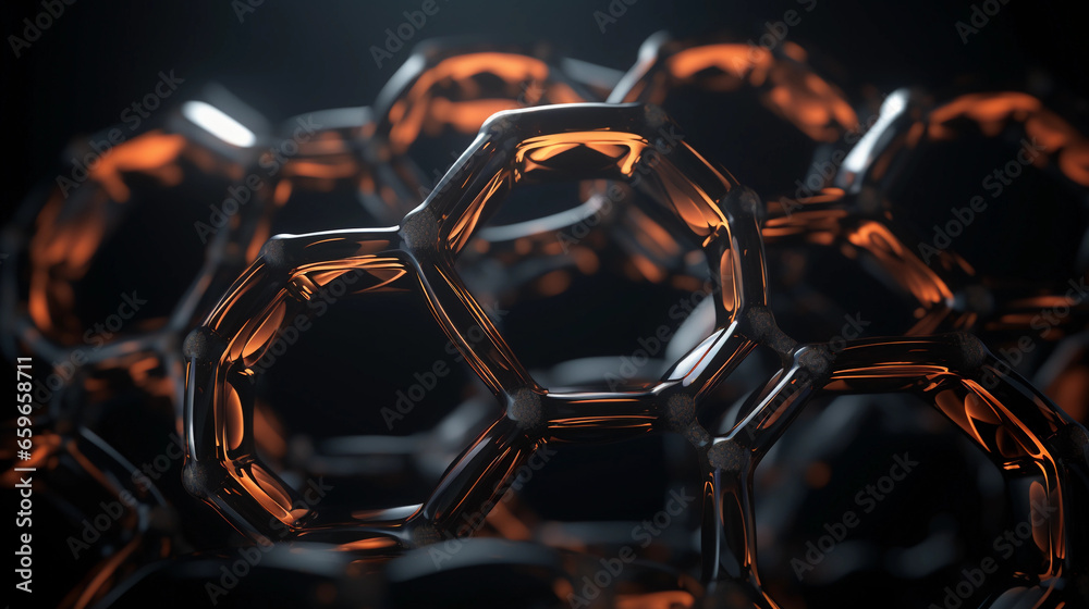 benzene ring structure, glowing against a dark background, detailed carbon and hydrogen atoms, subtle ambient light, reflections on glass surface benzene ring structure, glowing against a dark background, detailed carbon and hydrogen atoms, subtle ambient light, reflections on glass surface